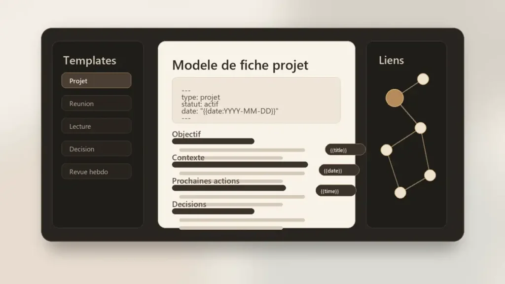 Interface Obsidian montrant un modèle de note personnalisé avec propriétés, variables et liens.