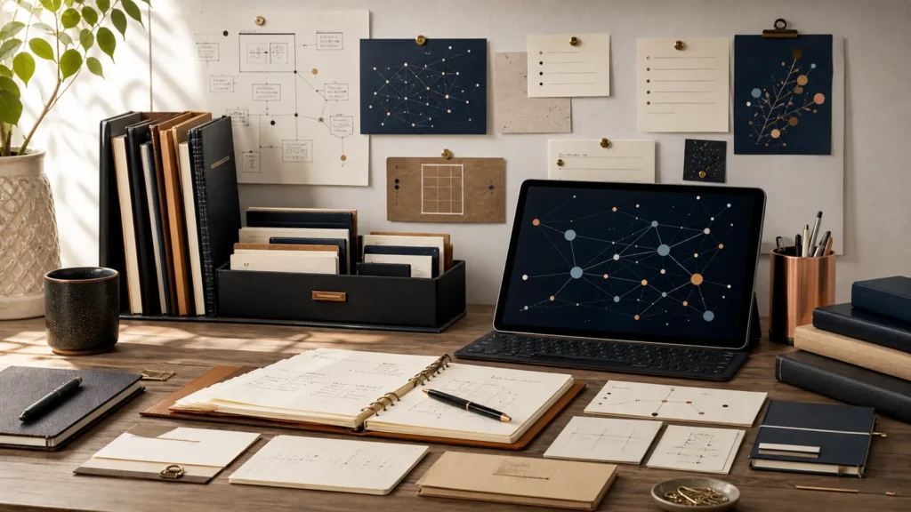 Espace de travail organisé avec notes Obsidian, graphe de connaissances et cartes reliées.