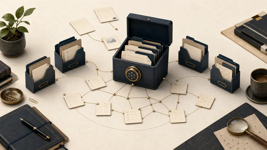 Coffre Obsidian débutant avec dossiers simples, notes Markdown et liens de connaissances