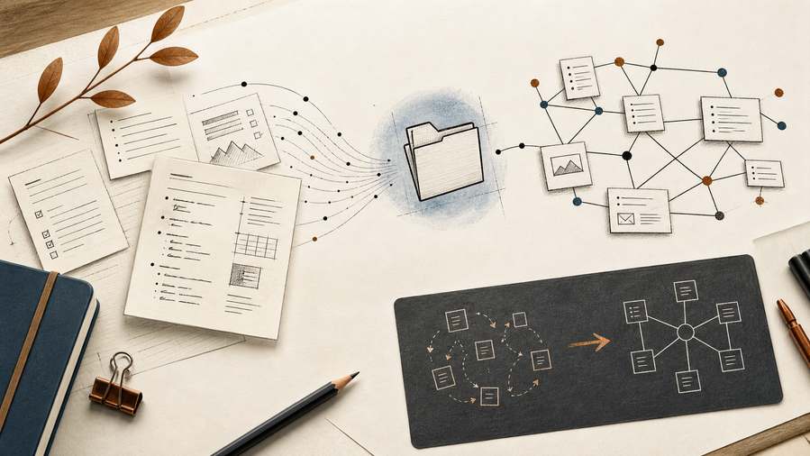 Interface Obsidian stylisée montrant des notes reliées dans un système de connaissances