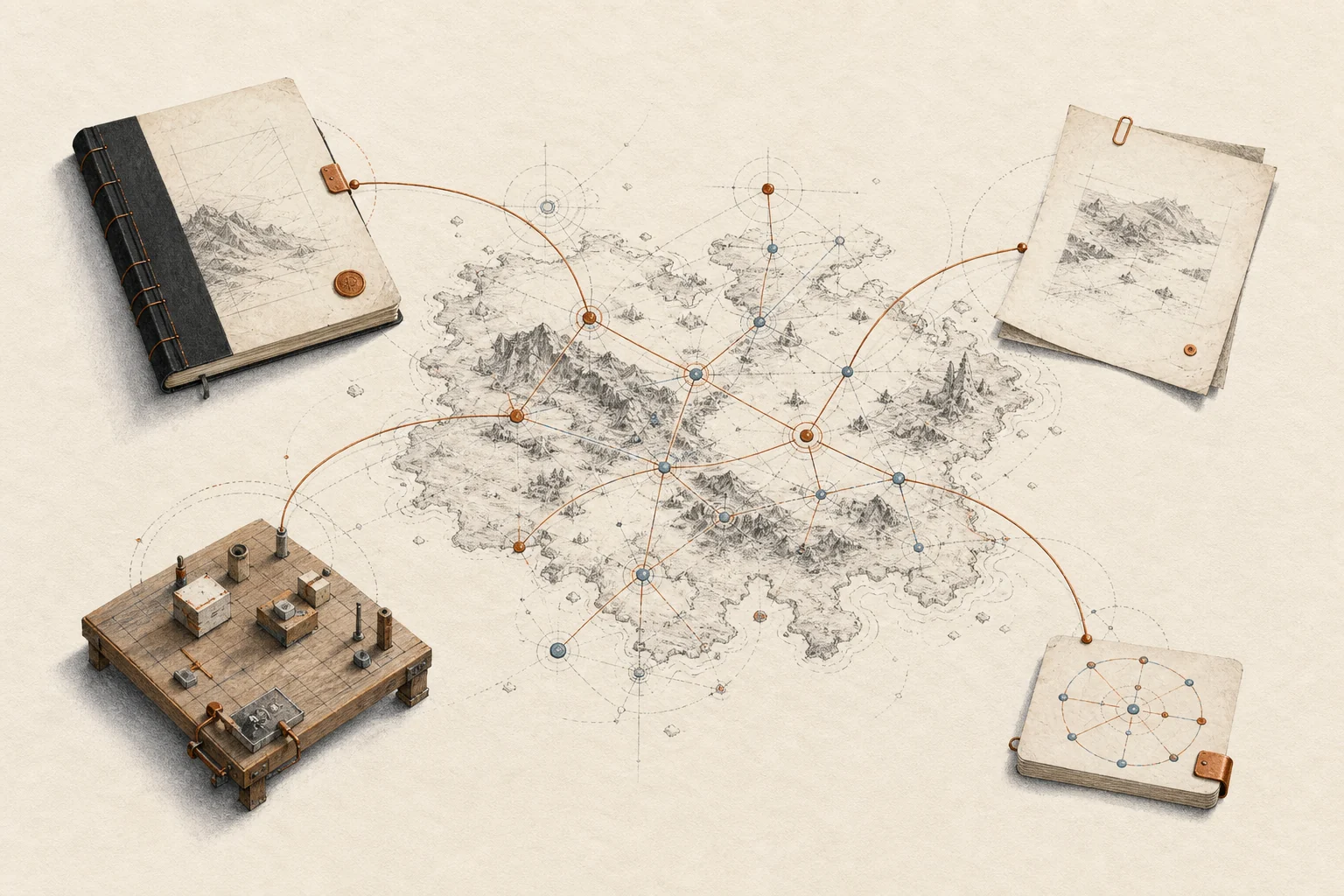Une carte Atlas reliée à une source, un document externe, un projet et une synthèse