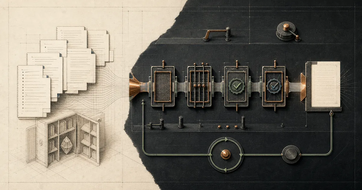 Des notes Obsidian traversent une chaîne d’opérations gouvernées jusqu’à un résultat vérifié.
