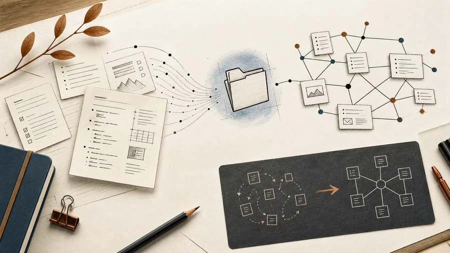 Interface Obsidian stylisée montrant des notes reliées dans un système de connaissances