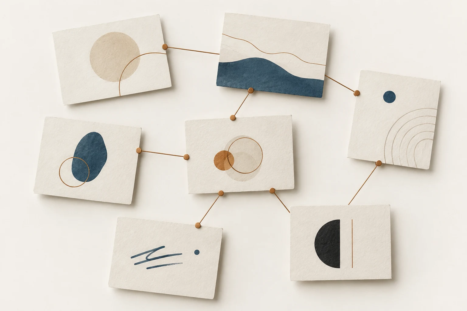 Sept fiches de papier reliées par des fils cuivrés, représentant les relations entre idées.