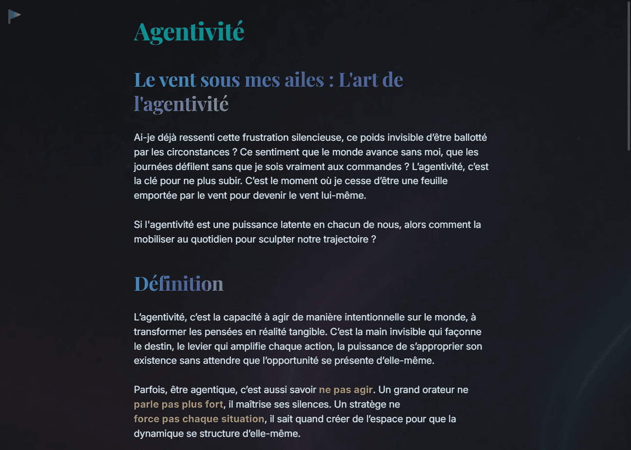 Vraie note Agentivité dans Obsidian : titre coloré, introduction et définition.