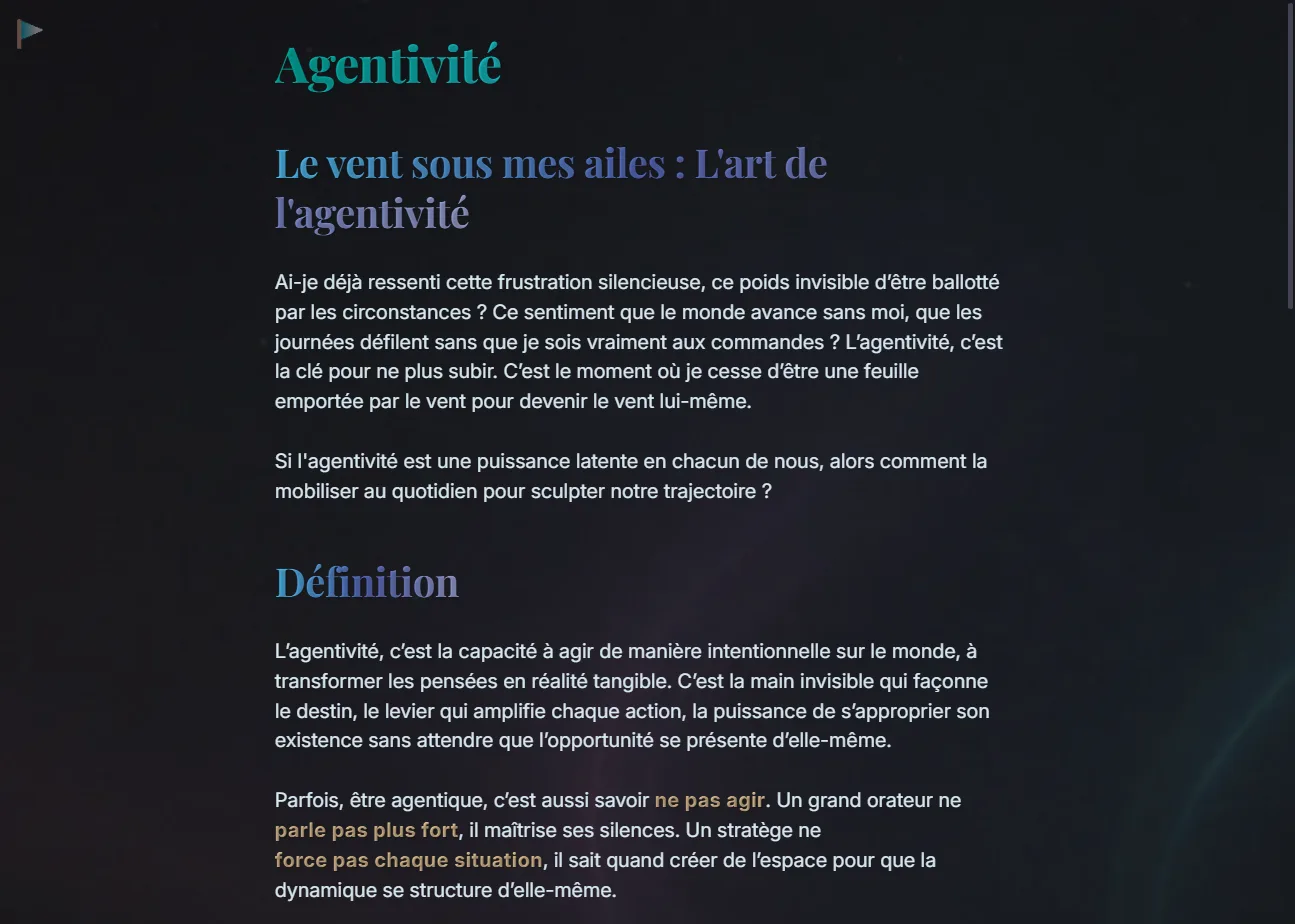 Vraie note Agentivité dans Obsidian : titre coloré, introduction et définition.