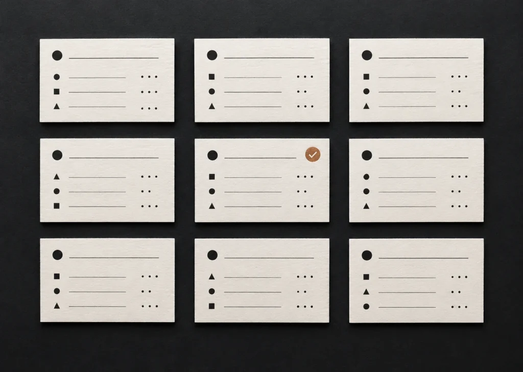 Neuf fiches de notes en grille de trois colonnes, avec champs géométriques alignés et une coche cuivre.