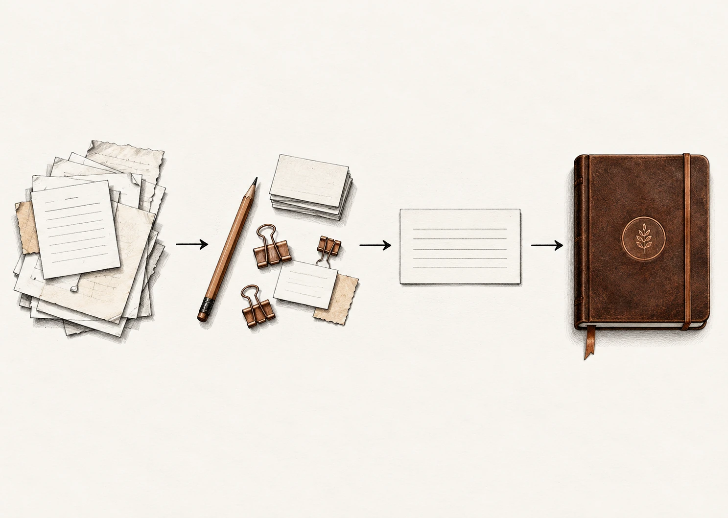 Des notes sources, un crayon et des pinces, une fiche propre puis un carnet relié forment un flux de gauche à droite.