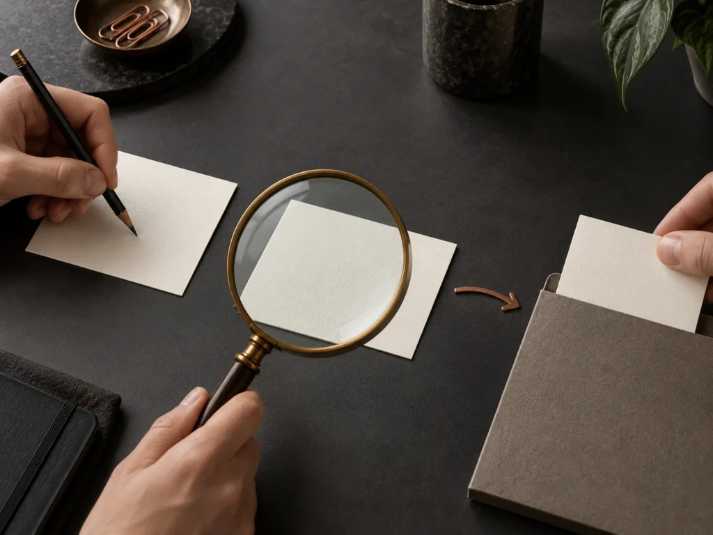 Trois fiches ivoire sur une table graphite : un crayon écrit sur la première, une loupe examine la deuxième et la troisième entre dans une pochette.