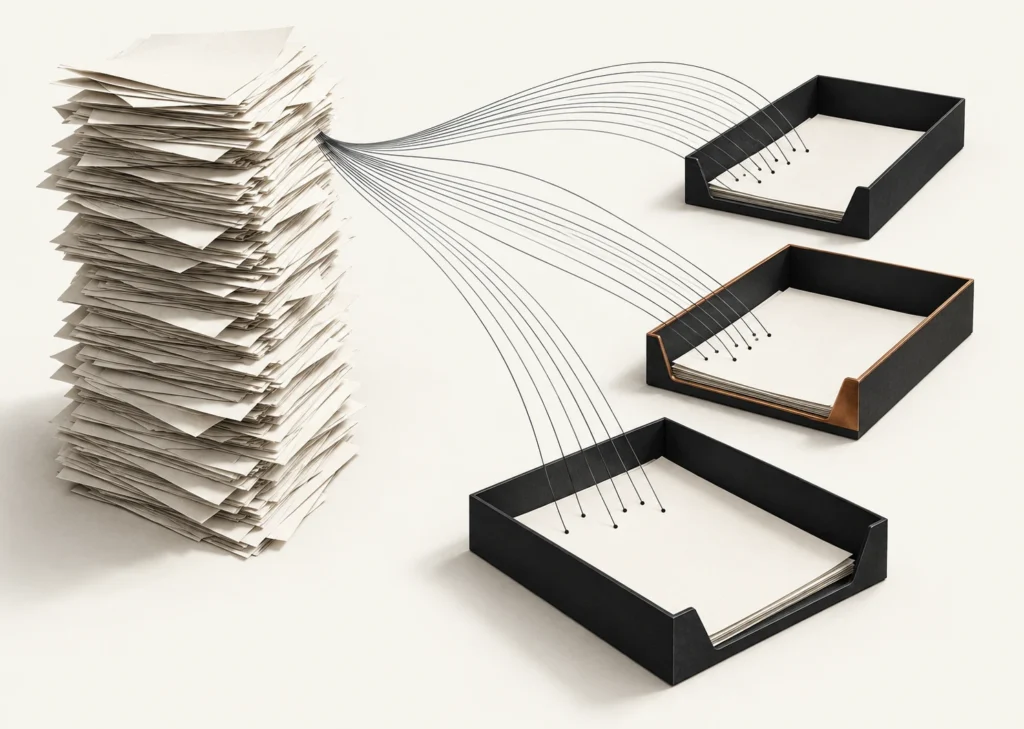 Une pile de documents laisse partir de fins traits d’encre vers trois casiers de tri, dont un bordé de cuivre.