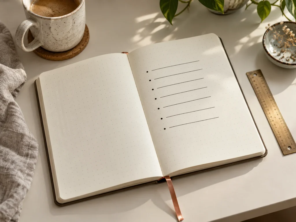Carnet ivoire à points ouvert ; sur la page de droite, une liste de puces et de lignes vides près d’une règle et d’une tasse.