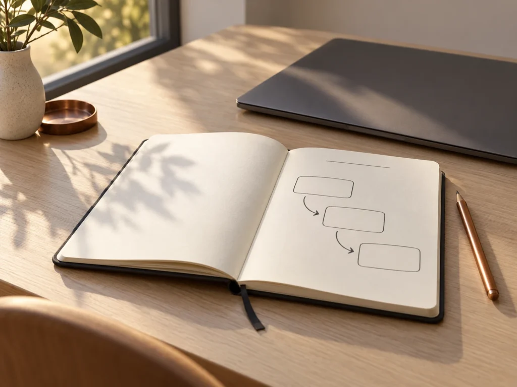 Carnet ouvert sur une table claire ; trois cadres de notes vides sont reliés par des flèches, devant un ordinateur fermé.