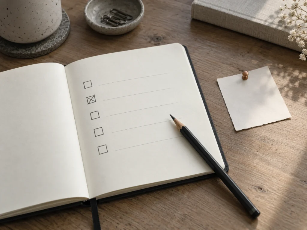 Carnet de rappels avec une case barrée au crayon et une note vierge fixée par une punaise cuivrée.