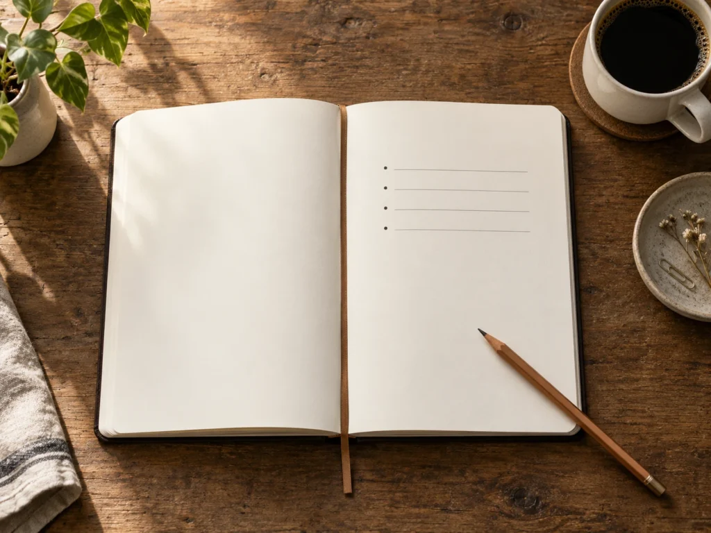 Carnet ivoire ouvert avec quatre lignes à puces, un crayon cuivré et une tasse de café sur une table en bois.