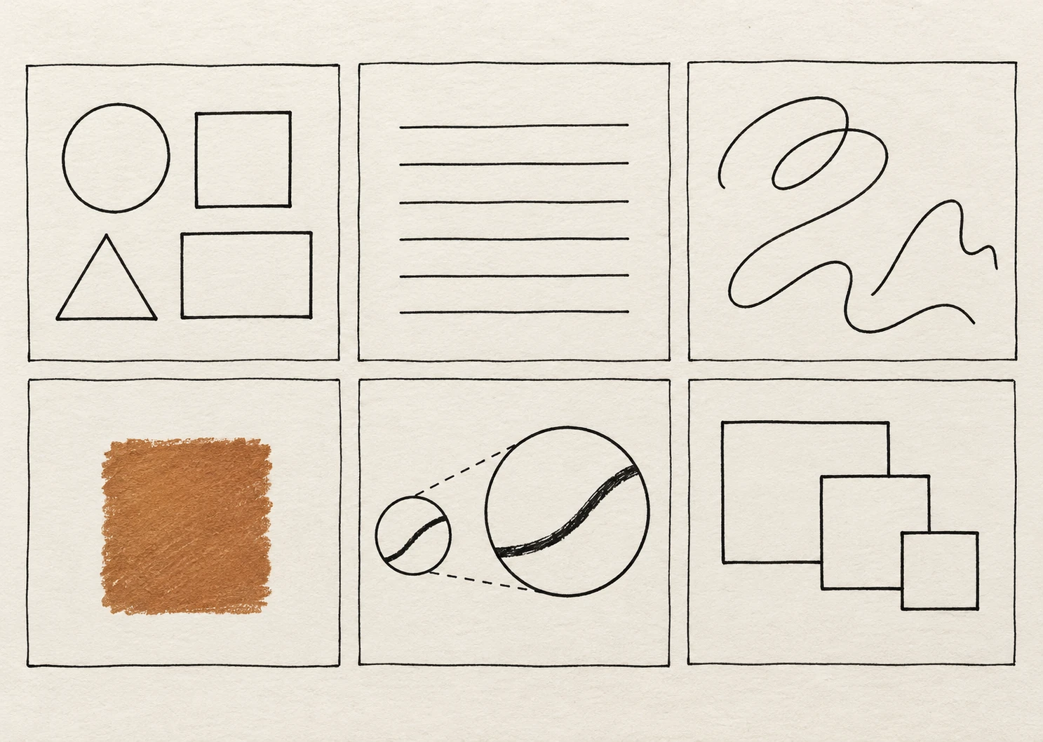 Planche de six cadres dessinés à l’encre montrant formes, lignes de texte, trait libre, couleur cuivre, zoom et organisation.