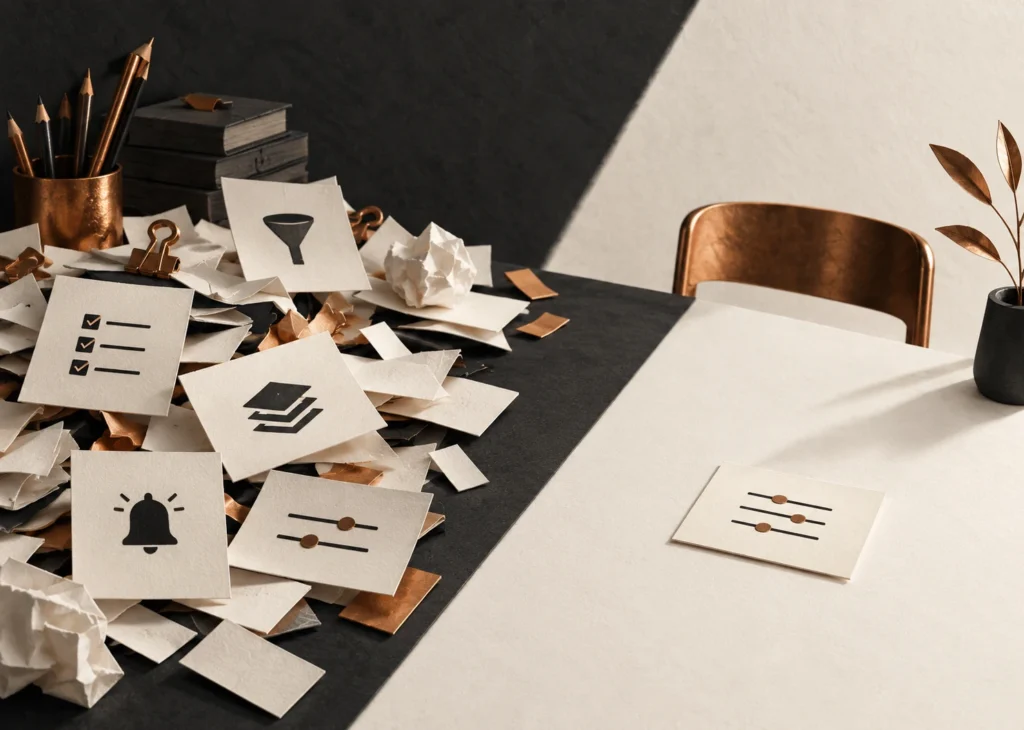 Pile de fiches de filtres, listes et alertes en désordre face à une seule carte rangée sur une table ivoire.