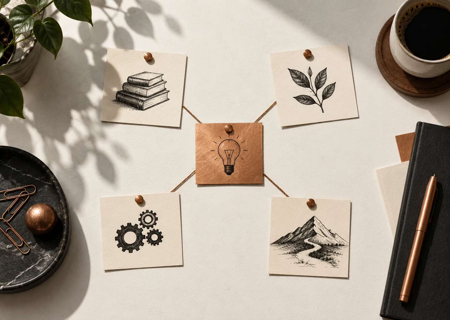 Quatre fiches illustrées de livres, d’une plante, d’engrenages et d’un paysage entourent une fiche centrale cuivrée figurant une idée, reliées par des fils.