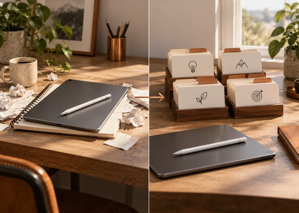 Une tablette et un carnet cèdent la place à quatre boîtes de fiches classées par usage sur un bureau en bois.