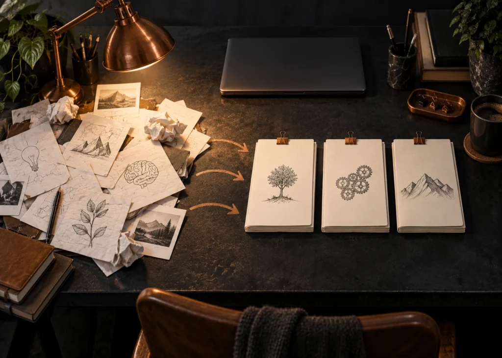Sur un bureau graphite, un tas de notes et croquis passe vers trois piles de fiches classées ; un ordinateur fermé repose à l’arrière.