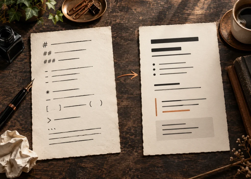 Une feuille portant des signes Markdown et des traits devient une feuille aux titres et listes mis en forme.