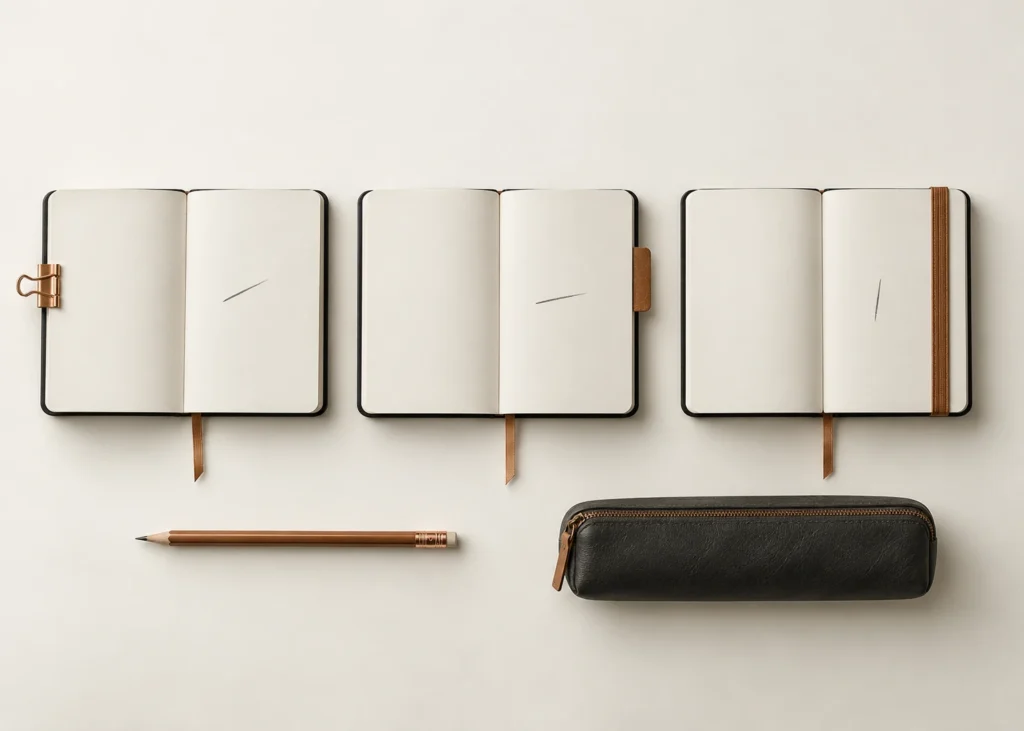Trois carnets ouverts portent chacun un accessoire différent : pince, onglet et bande élastique.