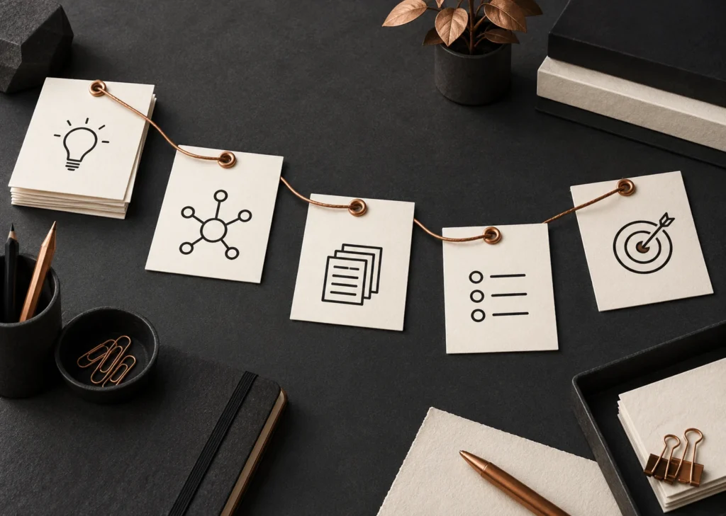 Cinq fiches aux pictogrammes d’idées, de liens, de documents, de liste et de cible, reliées par un fil cuivre.