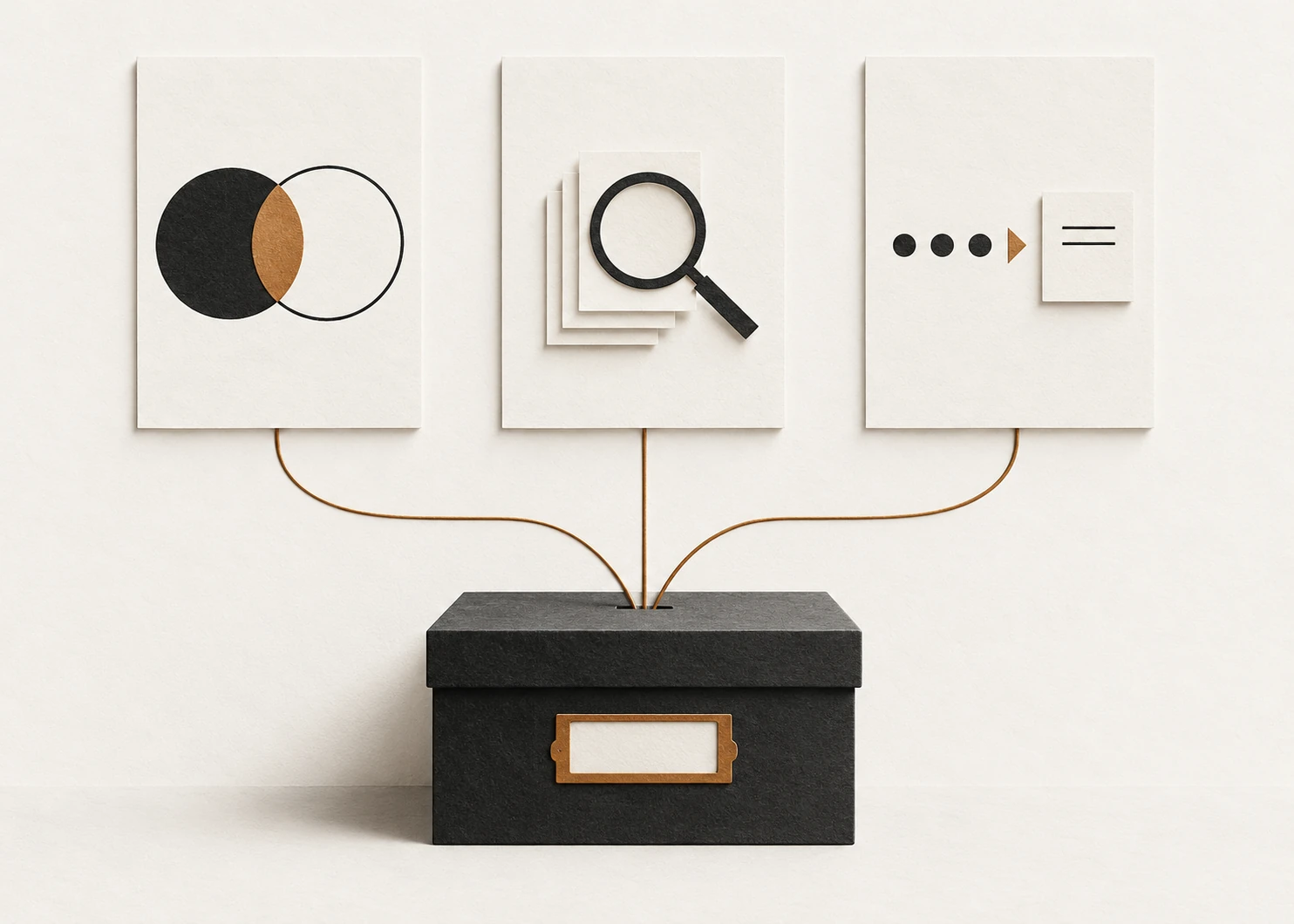Trois cartes abstraites de dialogue, recherche et synthèse sont reliées à une boîte de notes graphite.