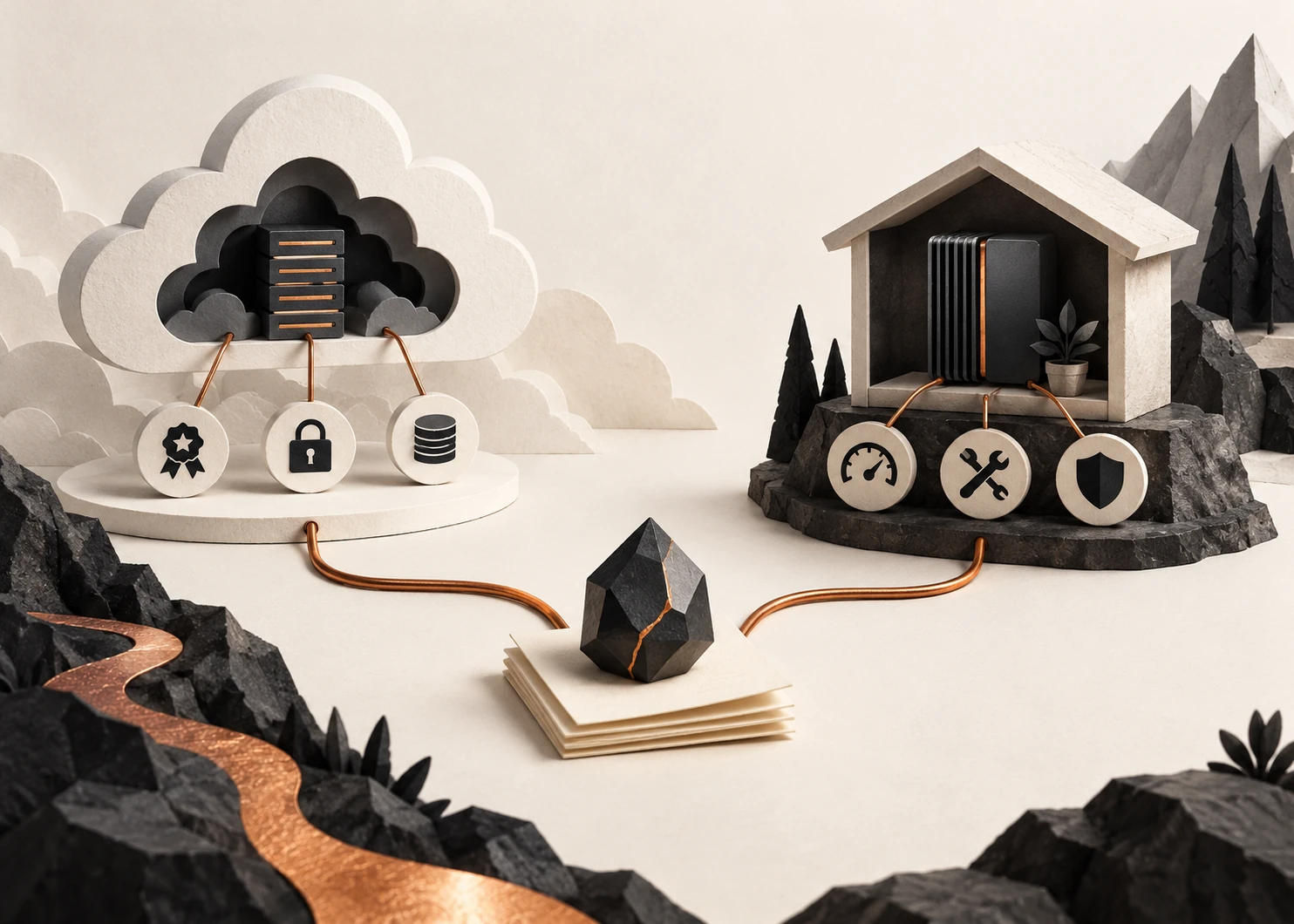 Un serveur dans un nuage et un appareil dans une maison encadrent trois contraintes symbolisées de chaque côté.