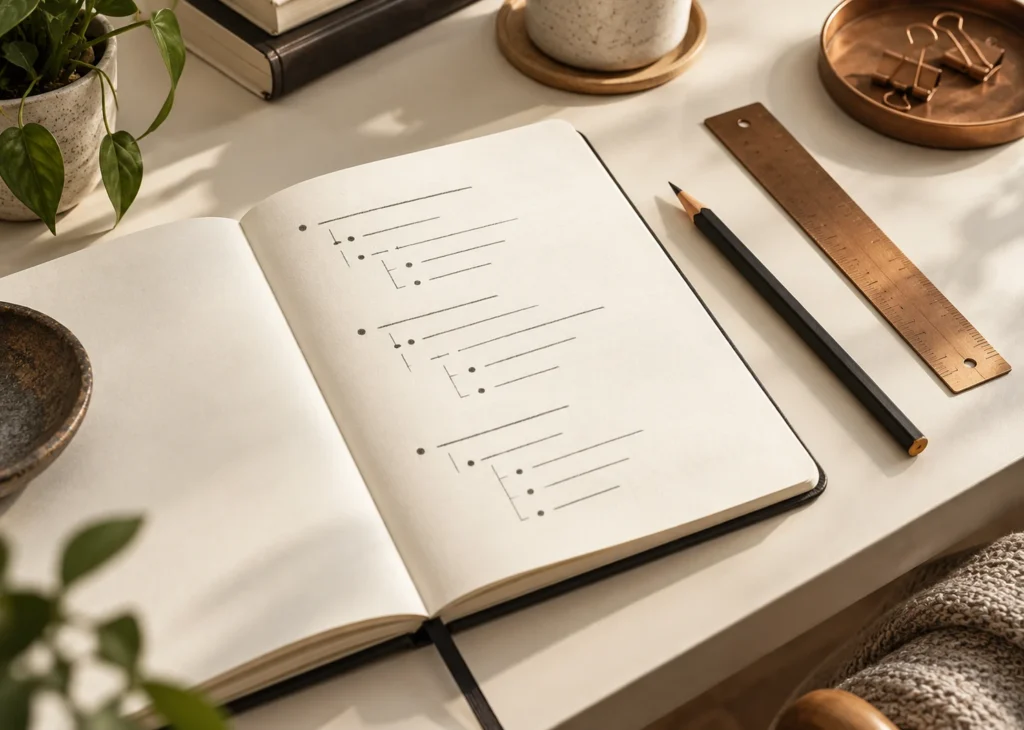 Carnet ouvert sur une table ivoire, avec trois groupes de lignes à puces et retraits hiérarchiques, accompagné d’un crayon noir et d’une règle en cuivre.