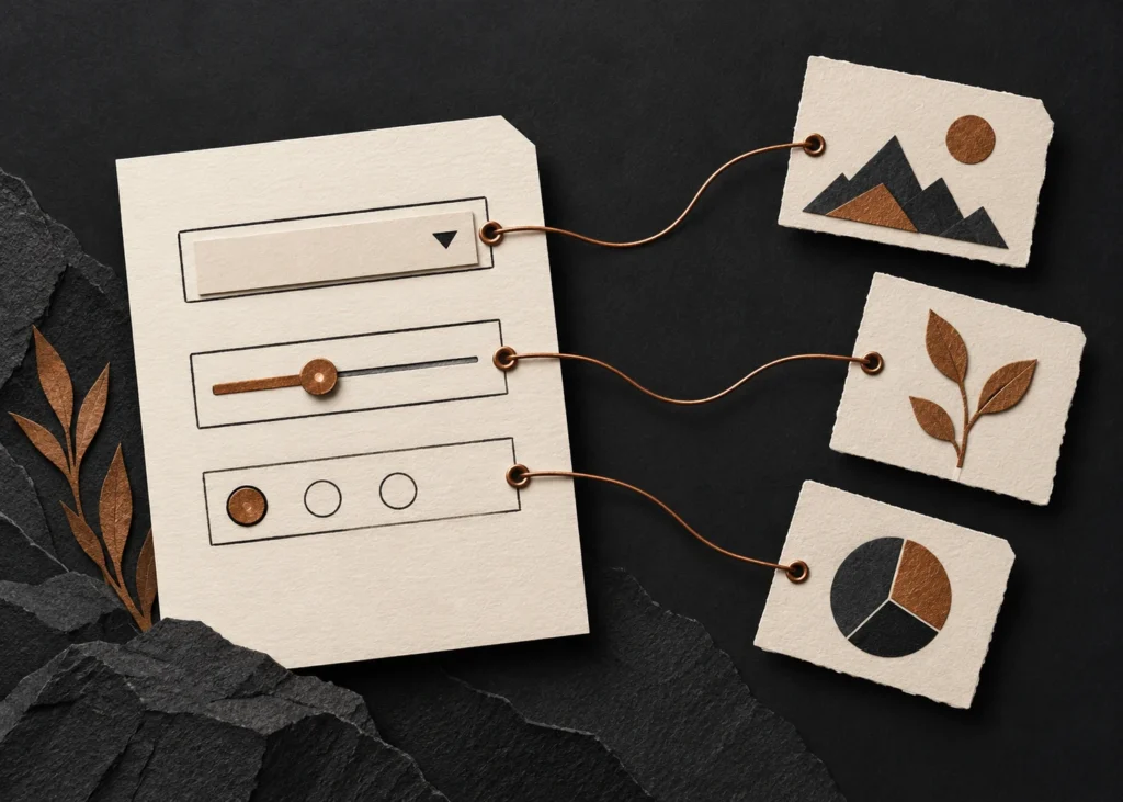 Trois champs stylisés sur une fiche ivoire sont reliés par des fils cuivrés à trois cartes visuelles.