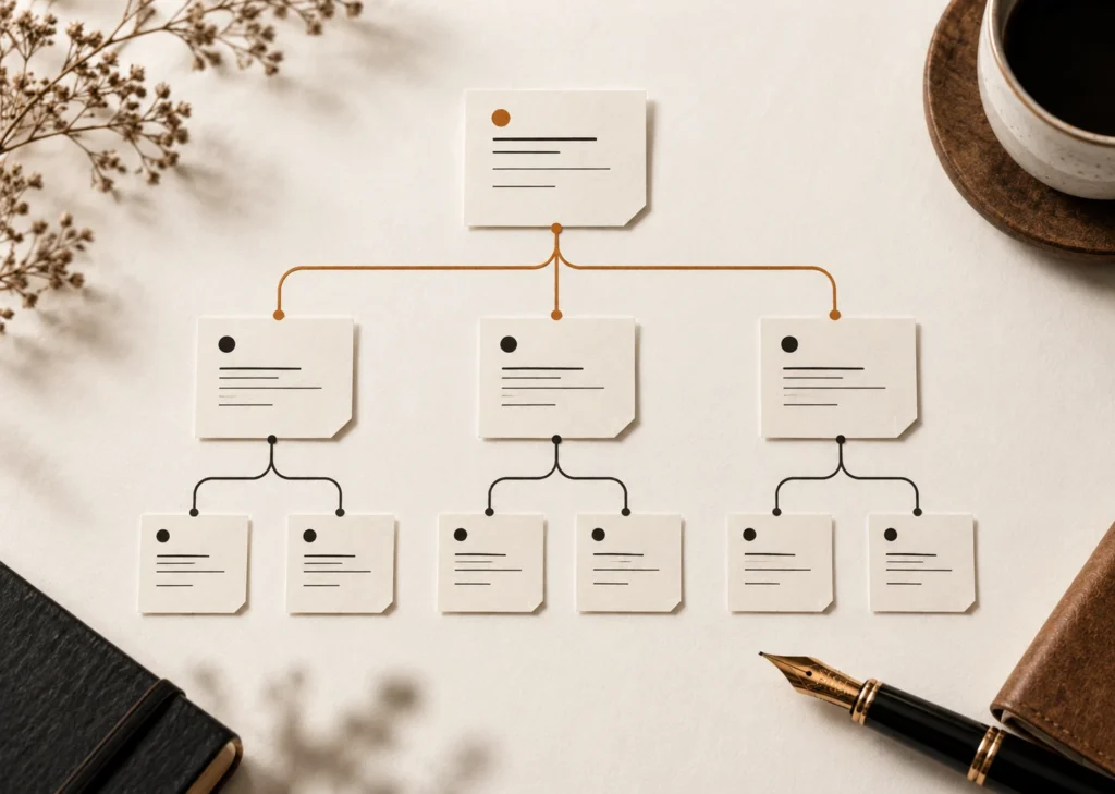 Des fiches de notes organisées en arbre hiérarchique, reliées par des traits d'encre.