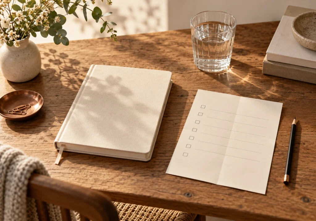 Un carnet refermé, une liste pliée et un verre d'eau sur une table éclairée du matin.