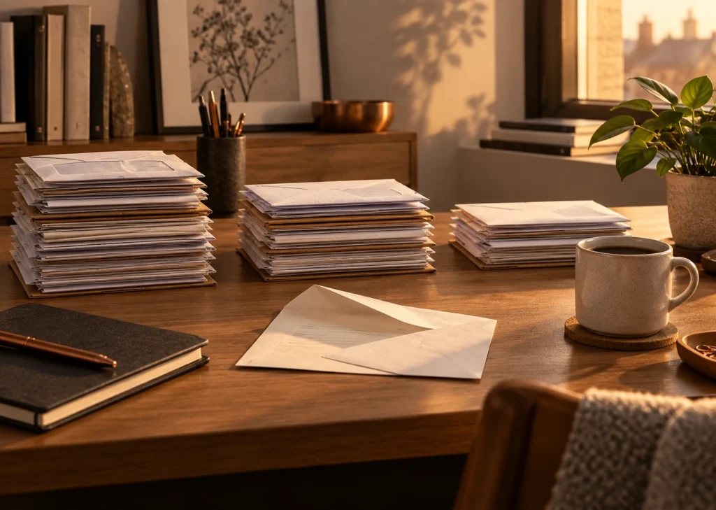 Trois piles de courriers triés sur un bureau en bois, près d'une tasse.