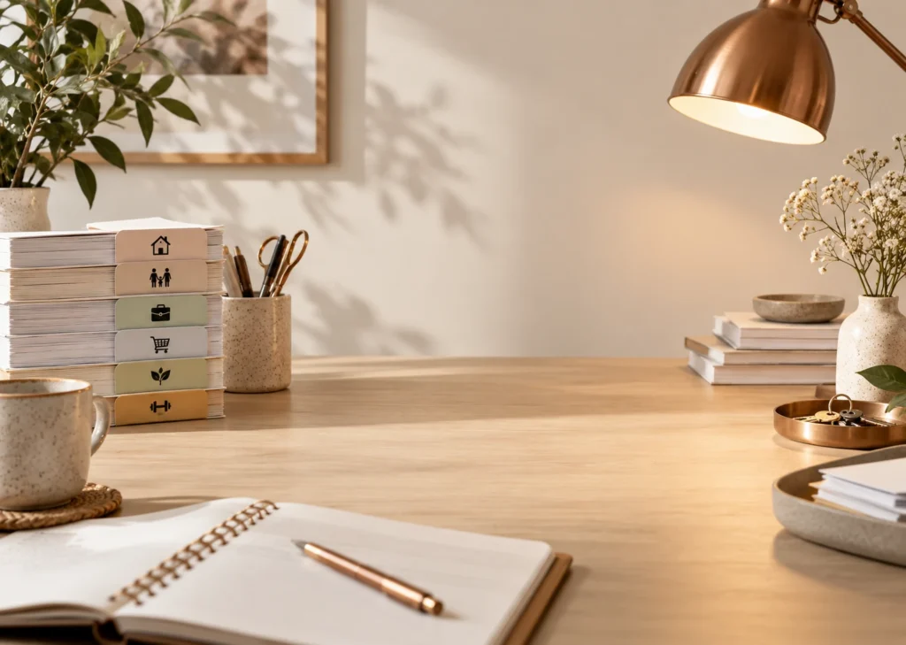 Une table calme avec des fiches classées, un carnet ouvert et une lampe.