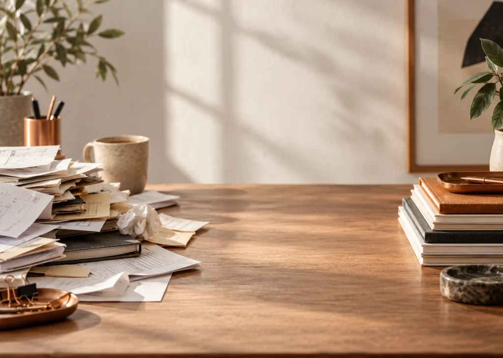 Des fiches éparses puis rangées de part et d'autre d'un espace libre sur une table.