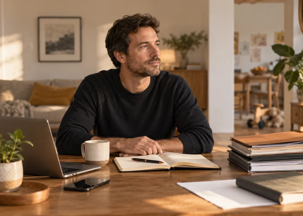 Un homme calme à son bureau, les mains sur la table devant un carnet ouvert.