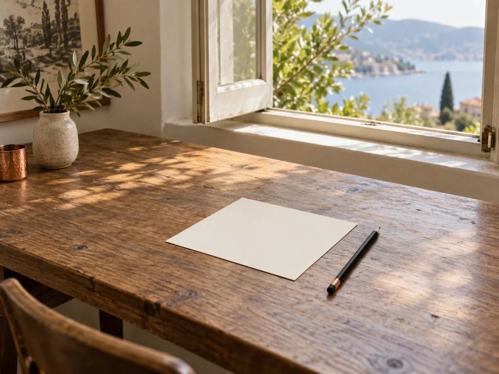 Un bureau dégagé devant une fenêtre ouverte, avec une fiche et un crayon.