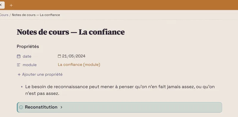 La note « Notes de cours, La confiance » dans Obsidian : date du 21/05/2024 en propriété, lien vers le module, la phrase sur le besoin de reconnaissance et un encadré « Reconstitution ».