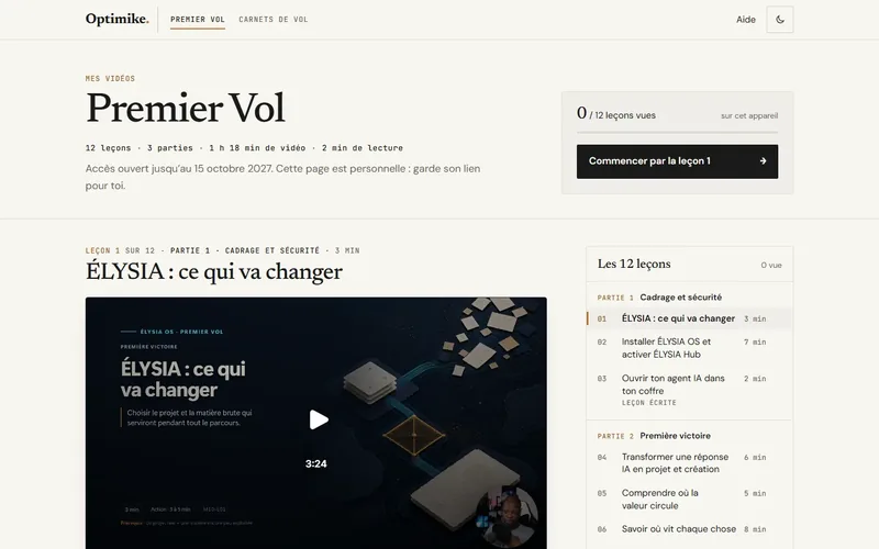 La page « Mes vidéos » de Premier Vol : 12 leçons, 3 parties, 1 h 18 de vidéo, et la liste des leçons.