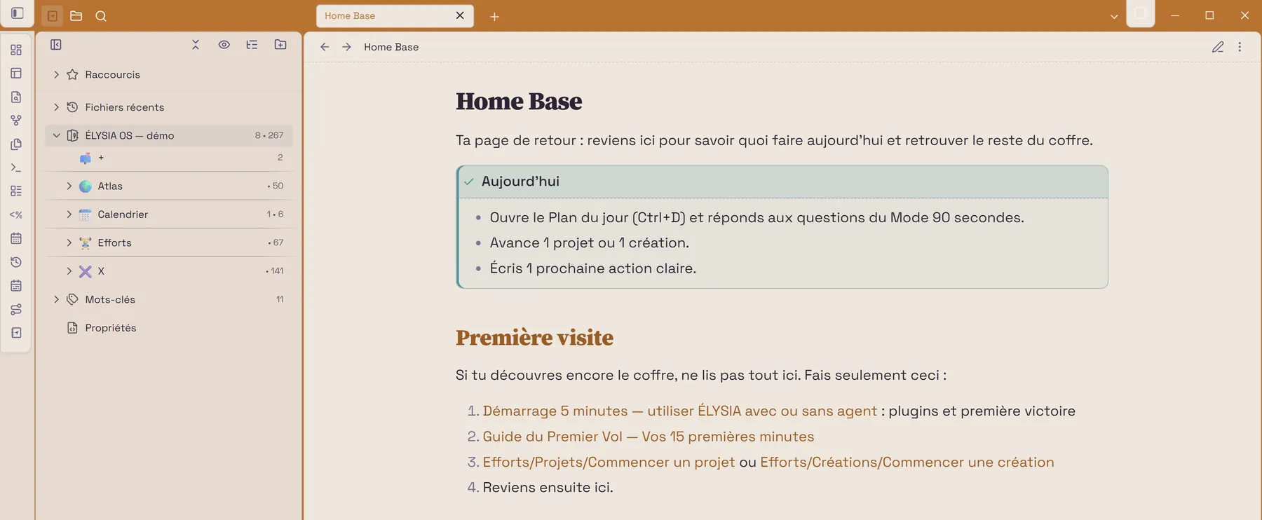 La page d’accueil (Home Base) du coffre ÉLYSIA OS dans Obsidian, thème Optimike : l’encadré « Aujourd’hui » et la liste « Première visite ».