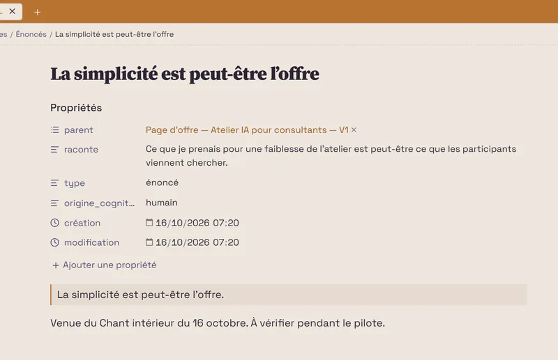La note « La simplicité est peut-être l’offre », avec la propriété d’origine « humain » et la mention « Venue du Chant intérieur du 16 octobre ».