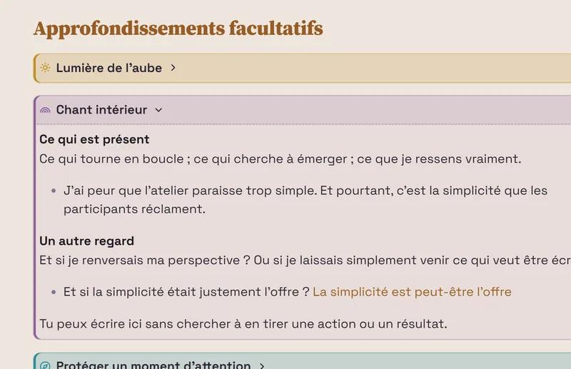 Le bloc « Chant intérieur » d’une note du jour : « Ce qui est présent », « Un autre regard » et la question « Et si la simplicité était justement l’offre ? » reliée à une note.