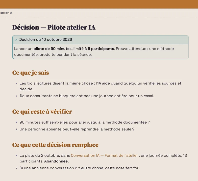 La note « Décision, Pilote atelier IA » : décision du 10 octobre 2026, ce que je sais, ce qui reste à vérifier, et « Ce que cette décision remplace » : la piste du 2 octobre, abandonnée ; si une ancienne conversation dit autre chose, cette note fait foi.