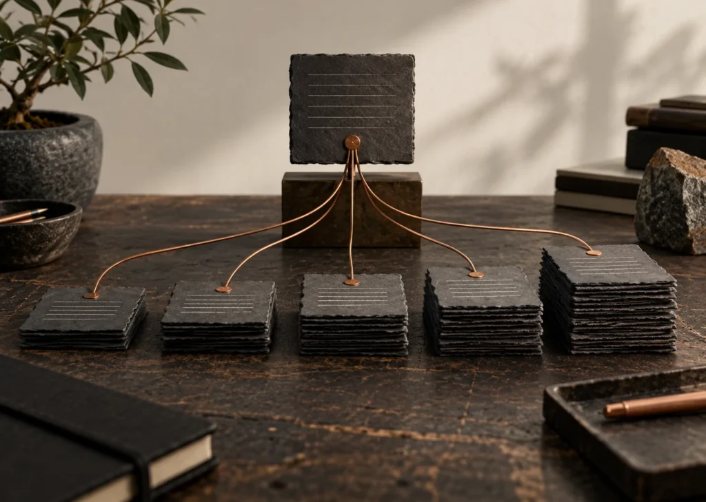 Plusieurs versions d'une note empilées sur un établi graphite et reliées par un fil cuivre.