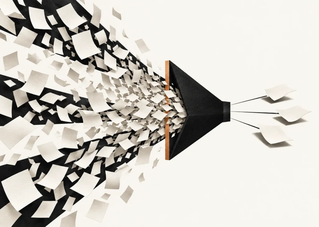 Fragments de papier nombreux traversant un filtre graphite, puis trois feuilles sélectionnées.