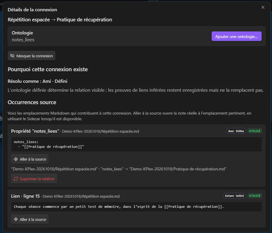 Fenêtre Détails de la connexion de K-Plex entre Répétition espacée et Pratique de récupération : ontologie notes_liees, résolu comme Ami · Défini, une occurrence dans la propriété notes_liees et une autre dans un lien du texte, ligne 15.
