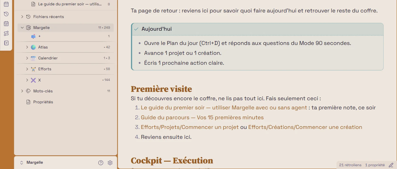 La page d’accueil du coffre Margelle dans Obsidian