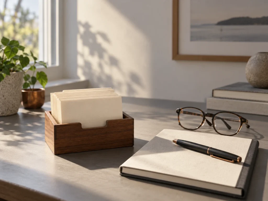 Une boîte en bois de fiches vierges près d’un carnet, d’un stylo et de lunettes sur un bureau.