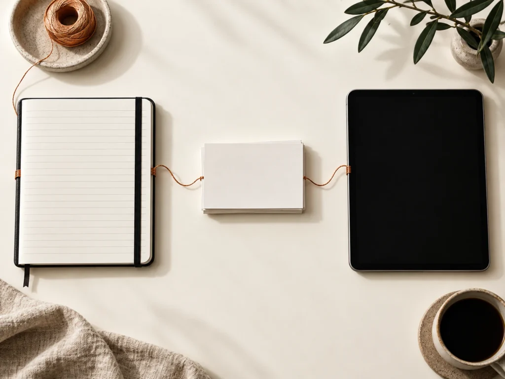 Un carnet, des fiches et une tablette alignés sur papier ivoire et reliés par un trait cuivre.