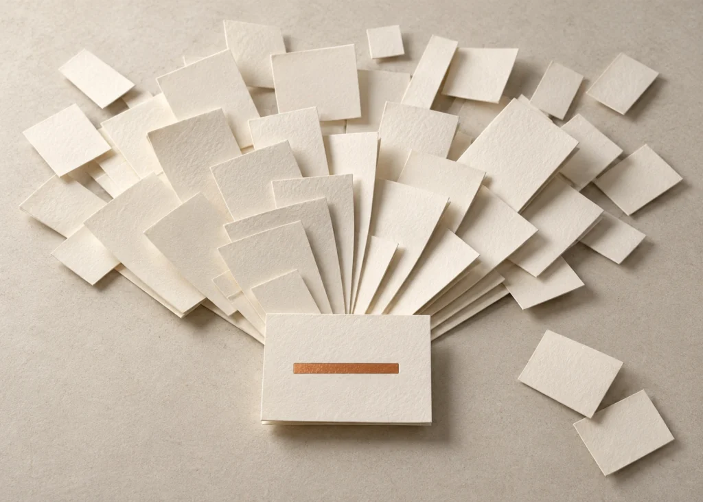 Des fragments de papier ivoire convergent vers une seule fiche marquée d’un court trait cuivre.